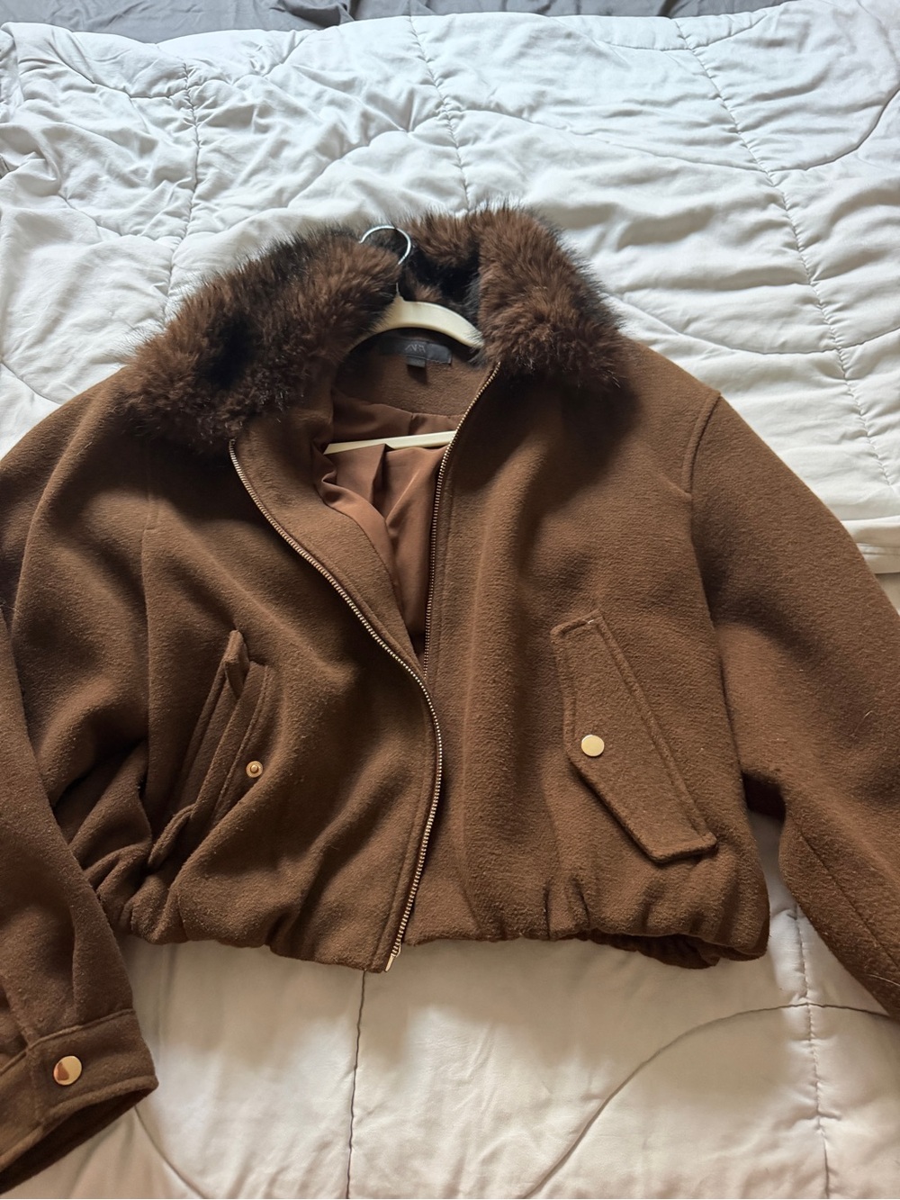 Zara Women's Brown Bomber Jacket with Faux-Fur Collar